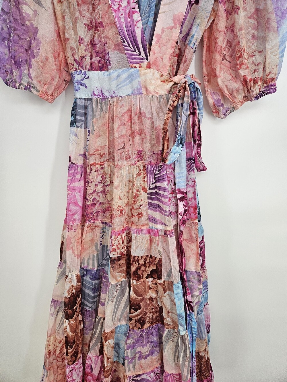 Johnny Was Jade Silk Blend Patchwork Floral Annalise Wrap Midi Dress - Picture 4 of 13